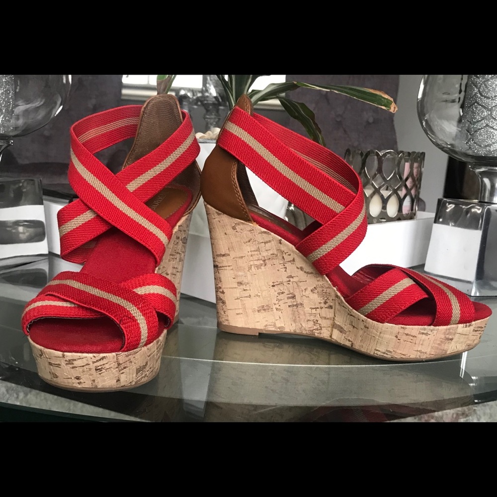 💜Merona Red and Khaki Cork Wedge Heel Sz 5 …